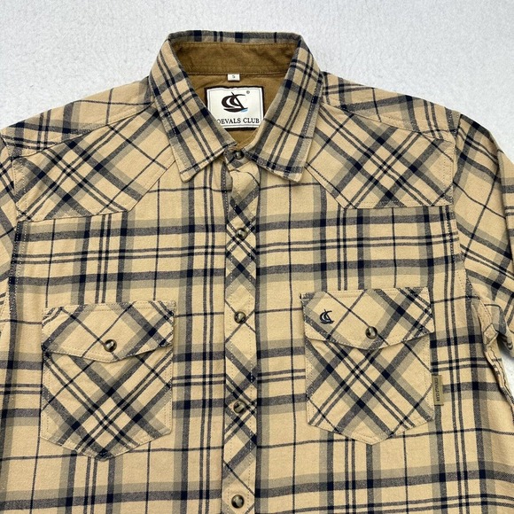 Coevals Club Western Shirt Mens Small S Brown Gray Plaid Flannel Pearl Snap - Picture 3 of 12
